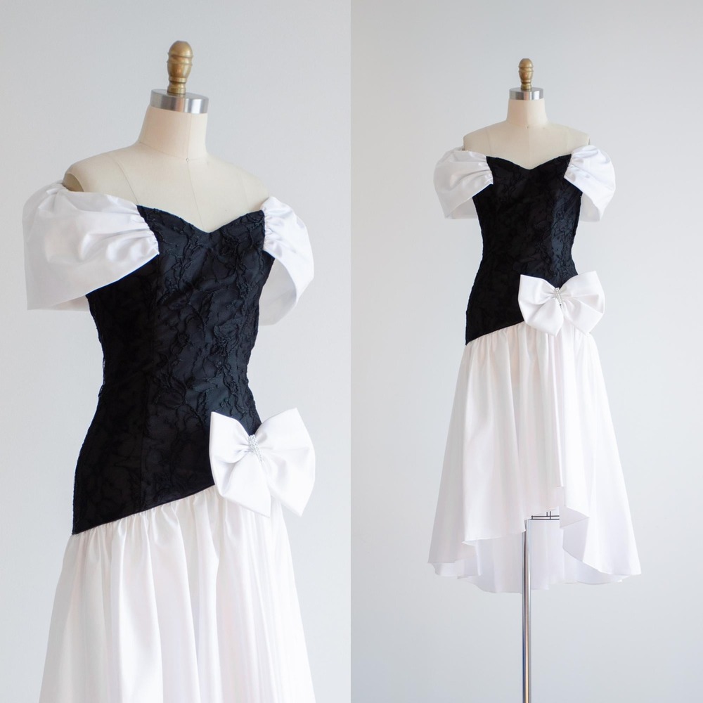 Vintage 80s Mermaid Gown Off Shoulder Lace Formal Dress XS Black White High Low